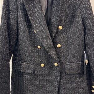 Rachel Zoe  Black Textured Tweed Blazer with Gold Buttons